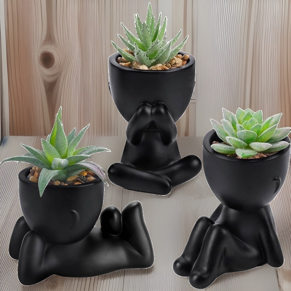 Faux Succulent Plants 3 Pc Set Artificial Greenery Black Humanoid Pots NEW